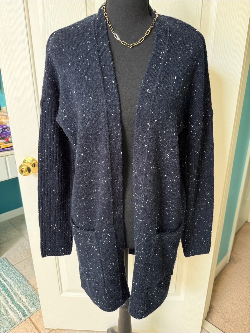Abercrombie & Fitch Navy Speckle Open-Front Cardigan with Ribbed Sleeves